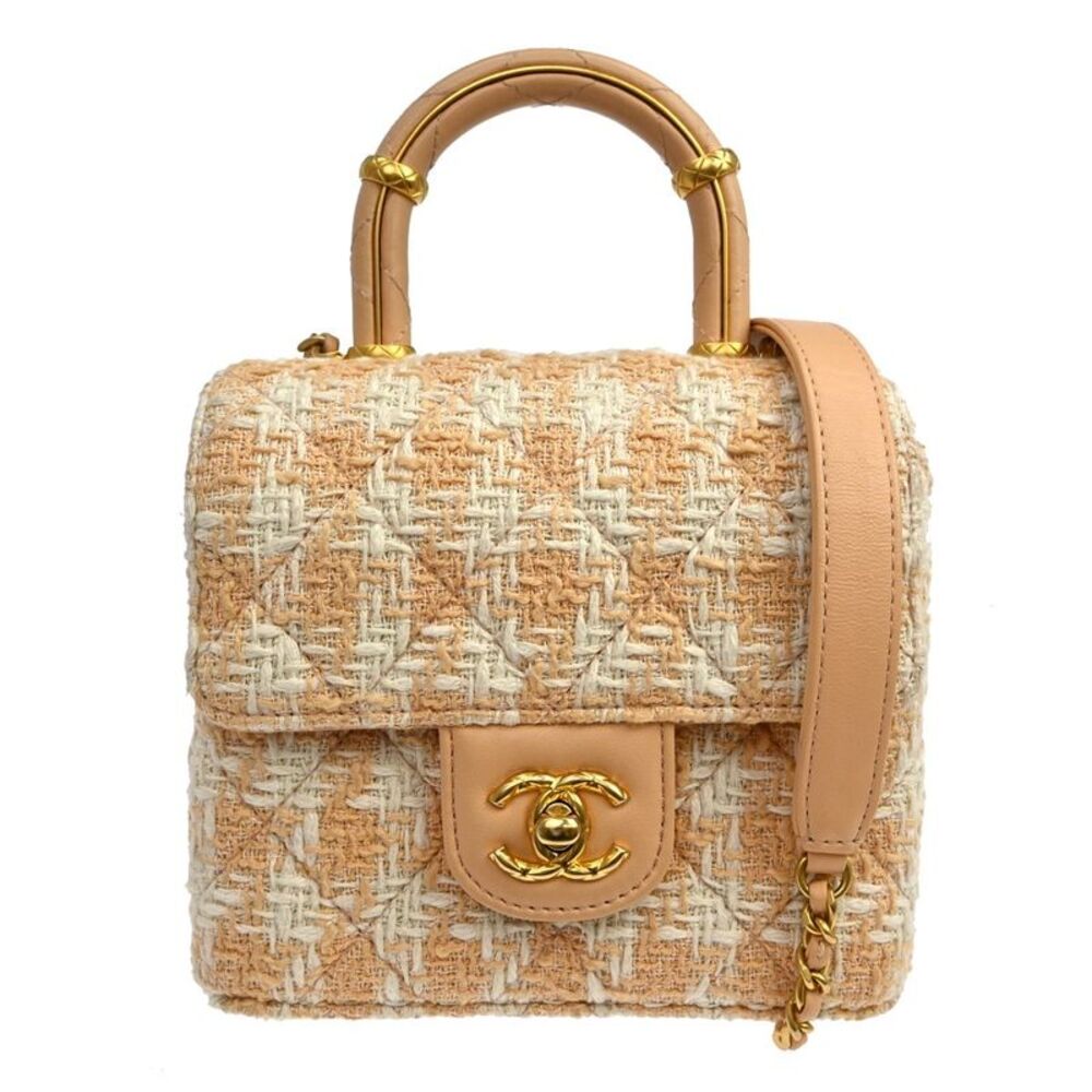 Chanel Crush Top Handle Flap Quilted Tweed Orange Tweed Handbag